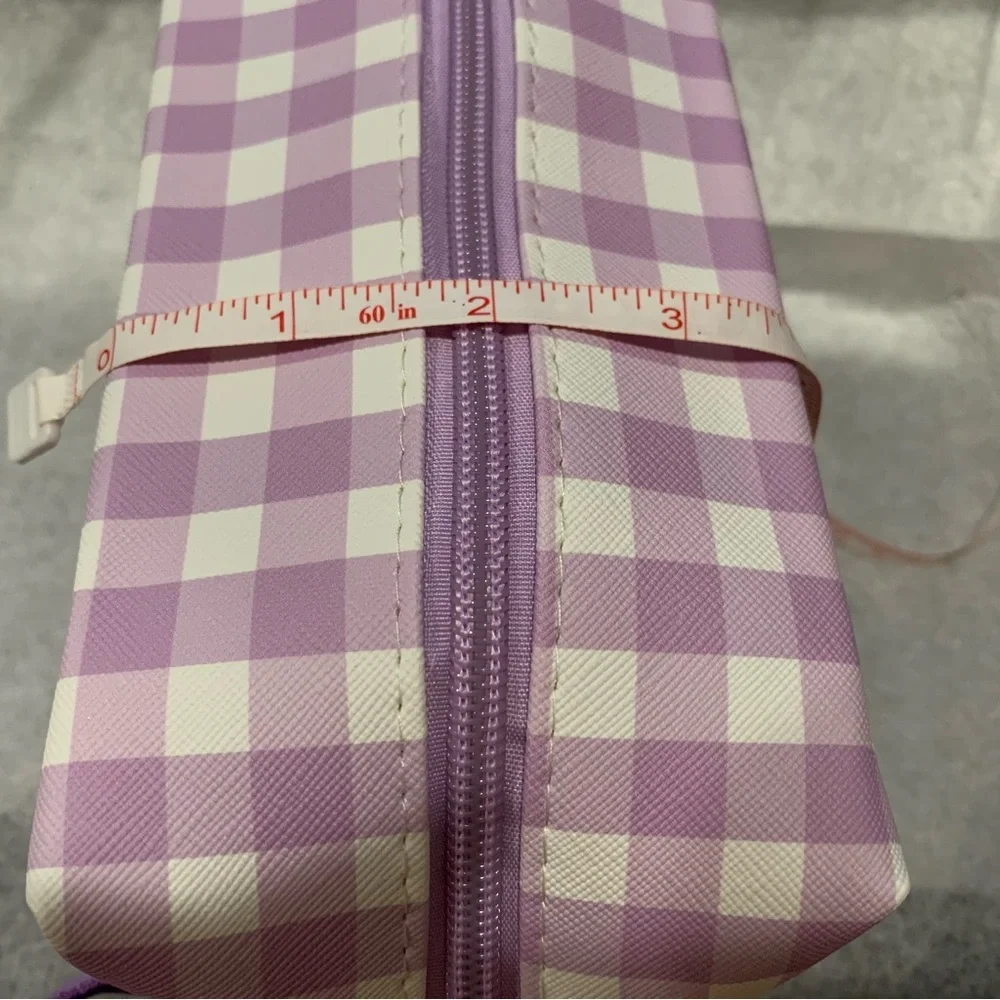 Kuromi Purple and White Gingham Check Zip Make Up Bag Pouch with Side Handle